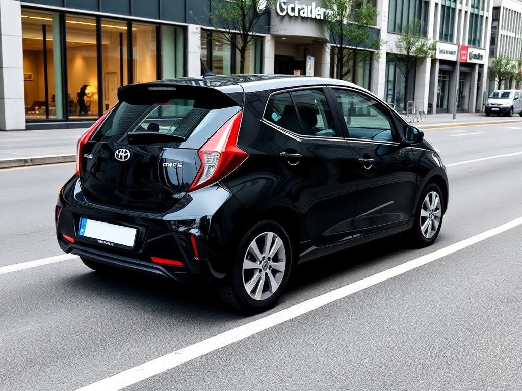 Hatch compacto preto estacionado em rua urbana moderna
